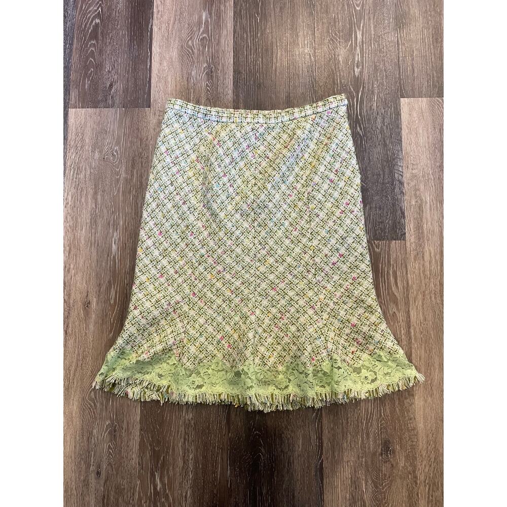 y2k vintage ice green tweed midi skirt with lace detailing and rhinestones